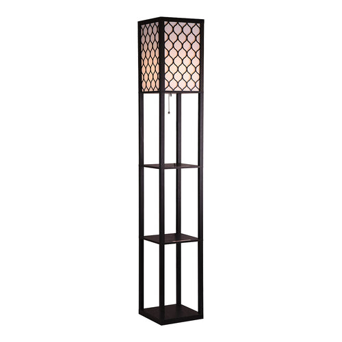 Shelf Floor Lamp with Shade and Open Shelves in Black Wood - Style B