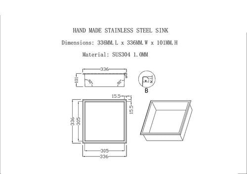 336 x 336 x 101mm Shower Niche Single Shelf Organizer No Tile Needed in Stainless Steel Finish