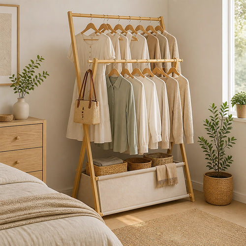 100x155cm Freestanding Clothes Rail Garment Rack in Wood with Storage Shelf – Stylish, Space-Efficient Organiser
