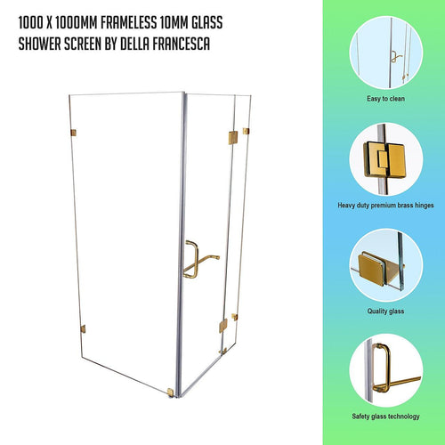 Frameless 10mm Glass Shower Screen 100 x 100cm GOLD Hinges/Brackets and ROUND Handle