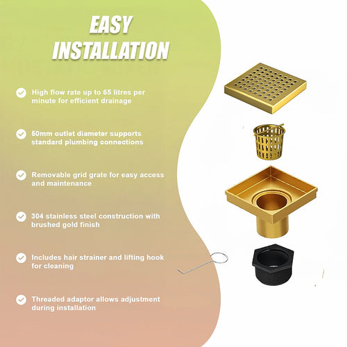 10 x 10cm Square Shower Drain with Grid Pattern Grate – Brushed Gold Stainless Steel