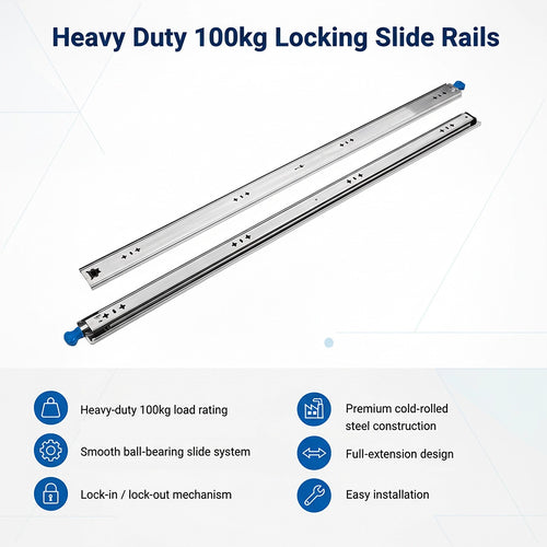 100cm Heavy Duty Drawer Runners Pair – 100kg Locking Slide Rails