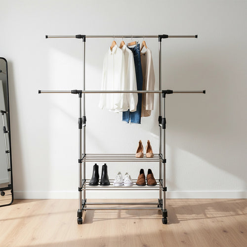 Heavy Duty Commercial Garment Rack Double Bar Rolling Collapsible Clothing Shelf