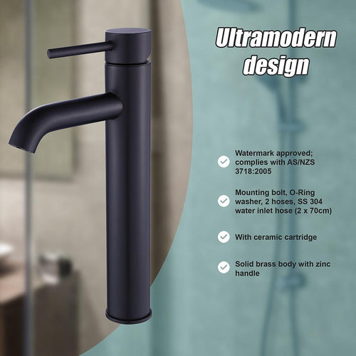 Tall Basin Mixer Tap Faucet - Kitchen Laundry Bathroom Sink in Black
