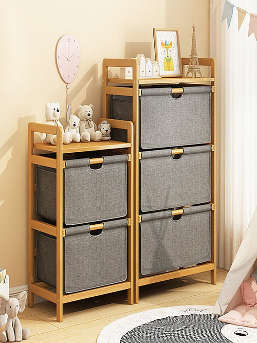 Bamboo Storage Shelf with Three-Set Rack Removable Laundry Bags & Organiser Shelves