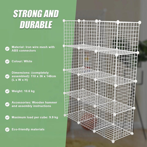 12 Cube Wire Grid Organiser Bookcase Storage Cabinet Wardrobe Closet White