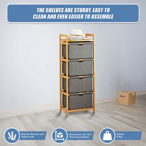 Bamboo Shelf with Storage Hamper – Wooden Organiser Rack with 4 Removable Laundry Bags