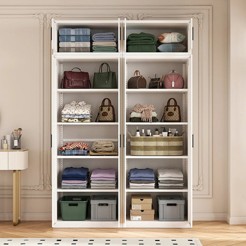 160x240cm 4-Door White Steel Shelf Wardrobe with Black Handle Storage Cabinet