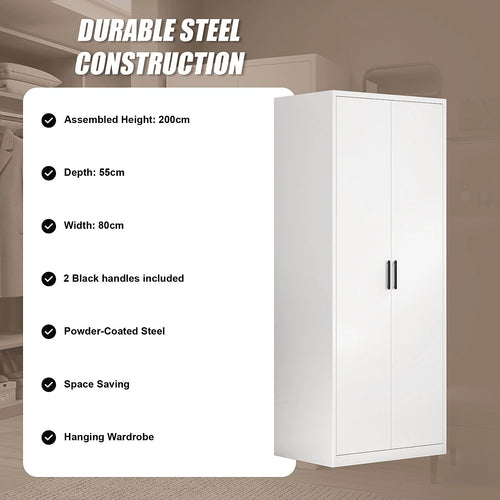 80x200cm 2-Door White Steel Hanging Wardrobe with Black Handle Storage Cabinet
