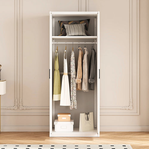 80x200cm 2-Door White Steel Hanging Wardrobe with Black Handle Storage Cabinet