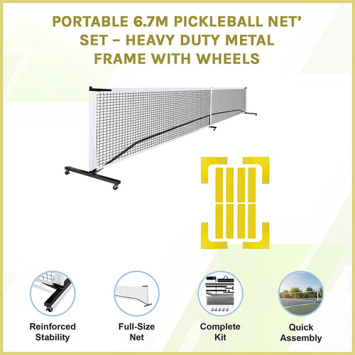 Portable 6.7m Pickleball Net Set with Heavy-Duty Metal Frame & Smooth-Rolling Wheels