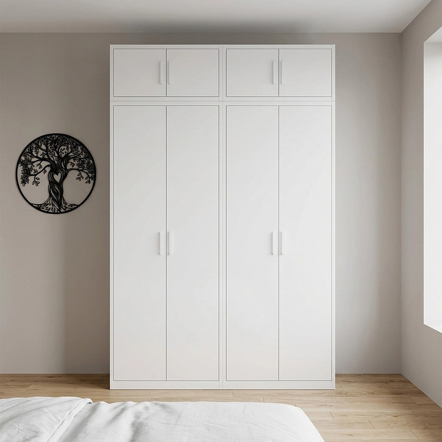 160x240cm 4-Door White Steel Hanging and Shelf Wardrobe with White Handle Storage Cabinet