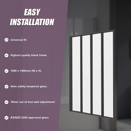 4 Fold Black Folding Bath Shower Screen Door Panel 1000 x 1400mm