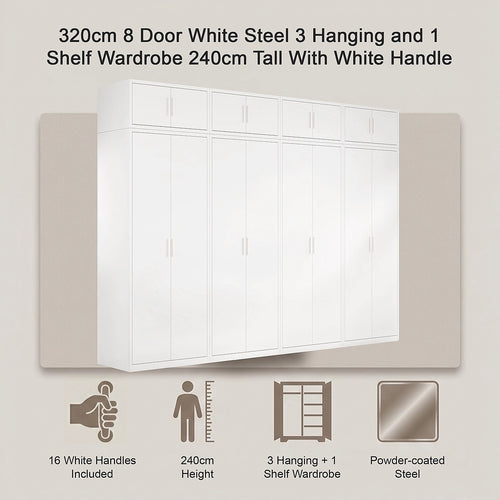 320x240cm 8-Door White Steel 3 Hanging and 1 Shelf Wardrobe with White Handle Storage Cabinet