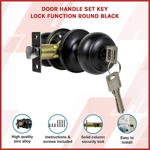 Door Handle Set Lever Key Lock Function Round Black