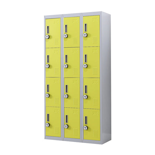 12-Door Steel Locker – Grey with Yellow Door, 4-Digit Combination Lock