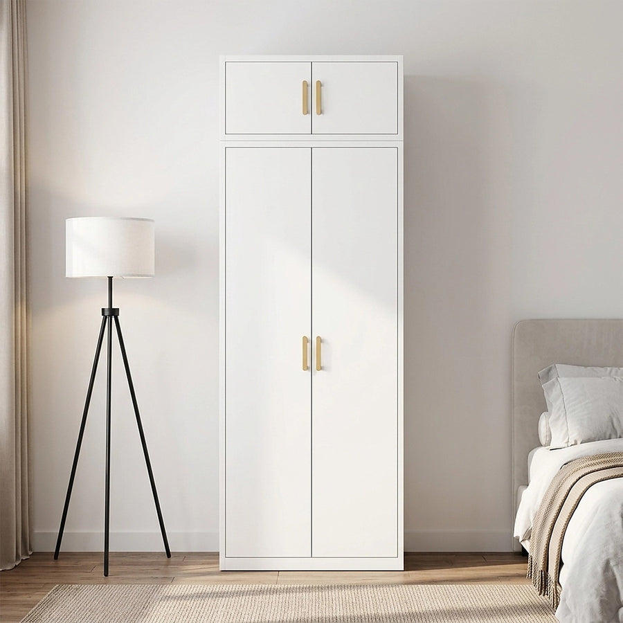 80x240cm 2-Door White Steel Shelf Wardrobe with Gold Handle Storage Cabinet