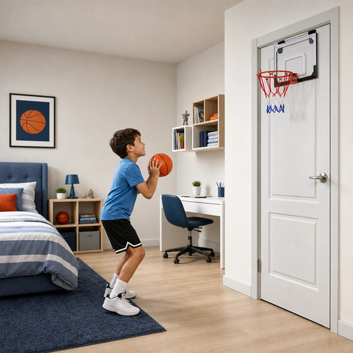 Indoor Mini Basketball Hoop Set – Door-Mounted Backboard Kit with Durable Ring & Mini Ball for Home Play