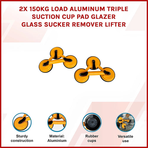 2x 150kg Load Aluminum Triple Suction Cup Pad Glazer Glass Sucker Remover Lifter