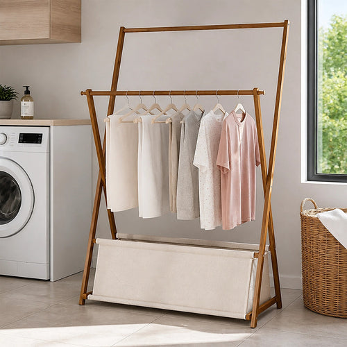 100x155cm Freestanding Clothes Rail Garment Rack in Dark Wood with Storage Shelf – Stylish, Space-Efficient Organiser
