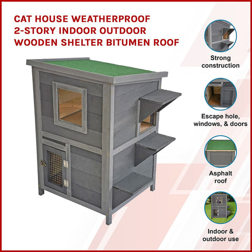 2-Story Wooden Cat House – Weatherproof Indoor/Outdoor Pet Shelter with Bitumen Roof