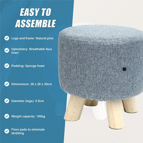 Grey Fabric Ottoman Foot Stool Rest Pouffe Wood Padded Seat Round