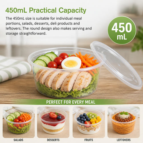 450mL Food Containers with Lids 500 Pack | BPA Free Round Takeaway Tubs