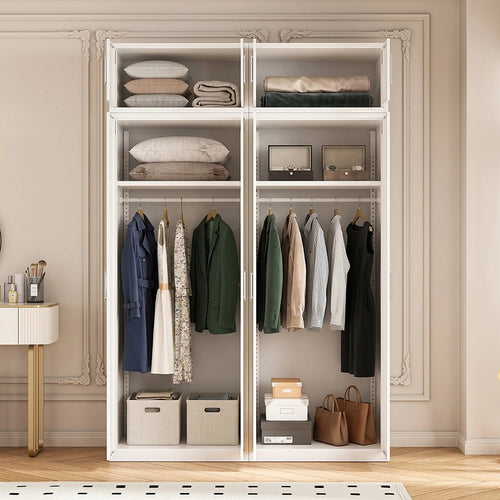 160x240cm 4-Door White Steel Hanging Wardrobe with White Handle Storage Cabinet