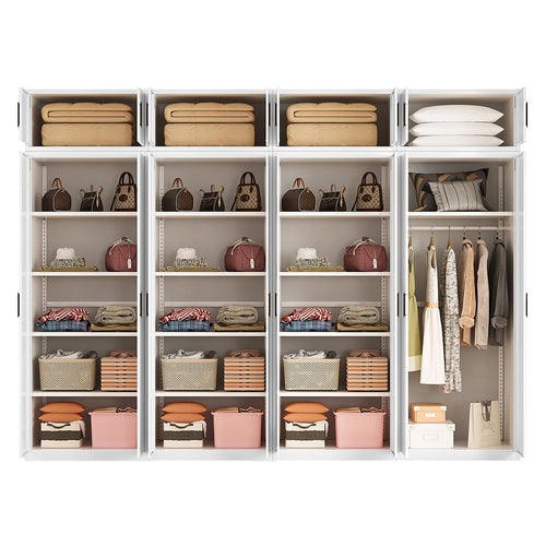 320x240cm 8-Door White Steel 1 Hanging and 3 Shelf Wardrobe with Black Handle Storage Cabinet