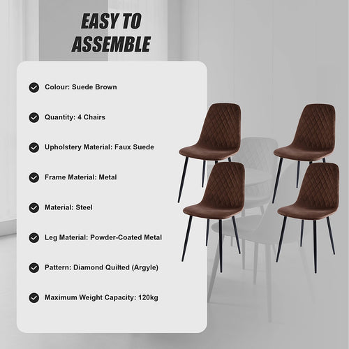 Dining Chair Set of 4 Faux Suede Upholstered Metal Legs Padded Kitchen Dining Chairs Suede Brown