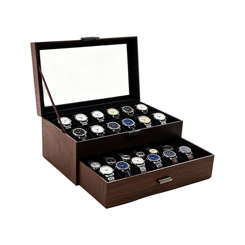 Watch Box 24 Slot Display Case with Drawer & Clear Acrylic Lid