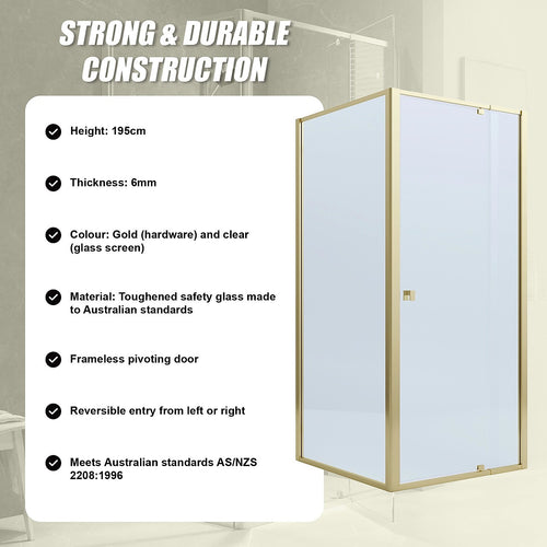 Adjustable Semi Frameless Shower Screen Front: (98~106)x195cm with Gold Hardware and Side: (89~92)x195cm