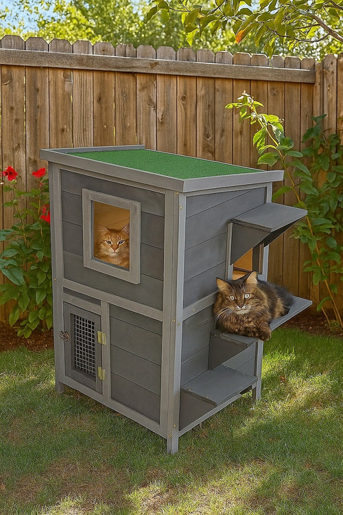 2-Story Wooden Cat House – Weatherproof Indoor/Outdoor Pet Shelter with Bitumen Roof