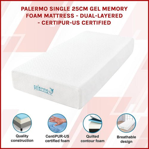 Single 25cm Gel Memory Foam Mattress Dual-Layered - CertiPUR-US