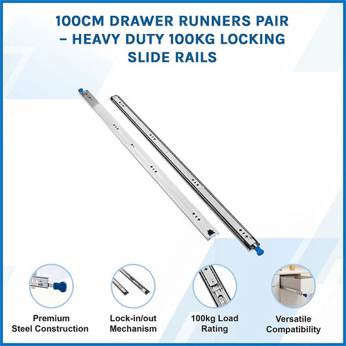 100cm Heavy Duty Drawer Runners Pair – 100kg Locking Slide Rails