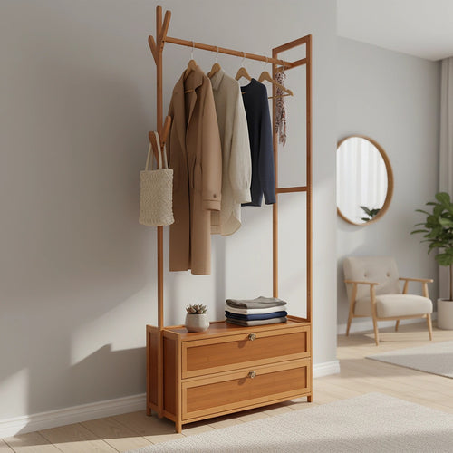 165x70cm Clothes Rack Stand with Storage Shelves – Modern Coat Tree in Dark Wood
