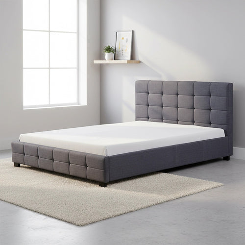 Queen Deluxe Grey Linen Fabric Upholstered Bed Frame with Headboard & Slats