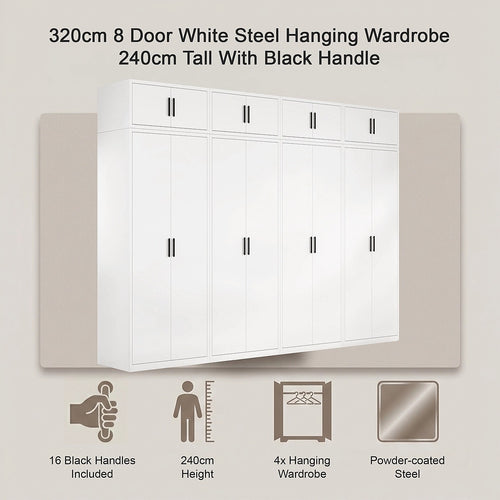 320x240cm 8-Door White Steel Hanging Wardrobe with Black Handle Storage Cabinet