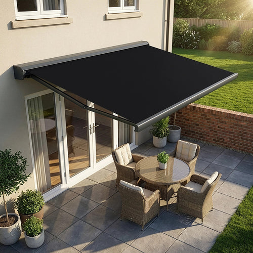 Heavy Duty Full Cassette Retractable Awning: Motorised 4x3m Black Sunshade