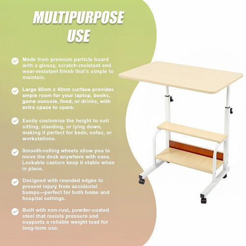 Height Adjustable Rolling Overbed Table 60cm Mobile Computer Desk for Home & Care