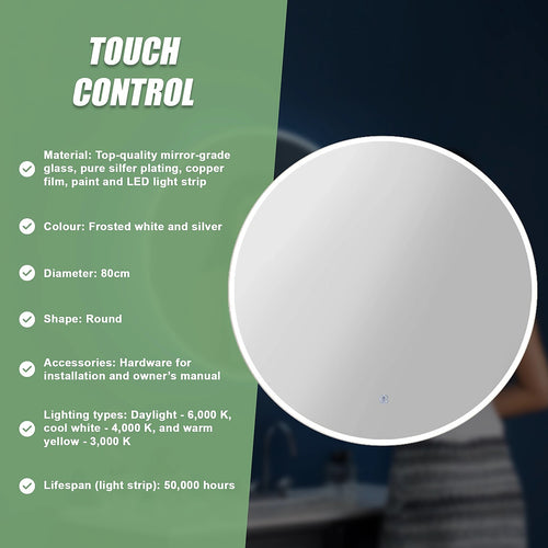 80cm Round LED Bathroom Vanity Mirror – Wall-Mounted with Touch Sensor & Colour Temp Control