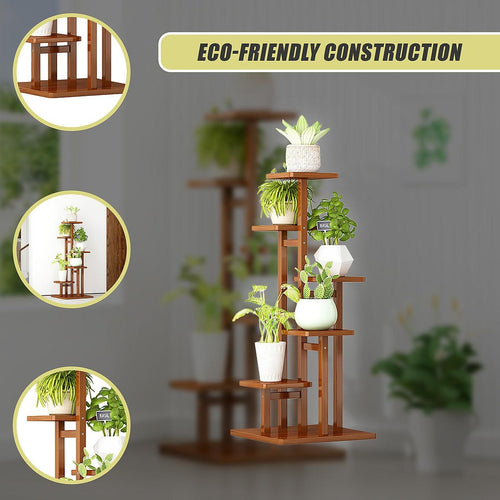 5 Tiers Vertical Bamboo Plant Stand Staged Flower Shelf Rack Outdoor Garden - Dark Wood