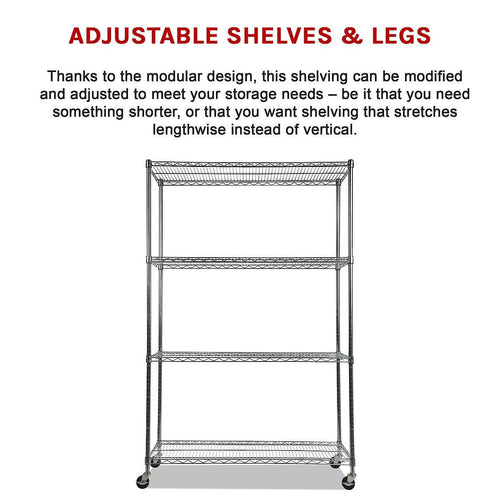 Modular Wire Storage Shelf 1200 x 600 x 1800mm Steel Shelving - Carbon Chrome Plated with Wheels