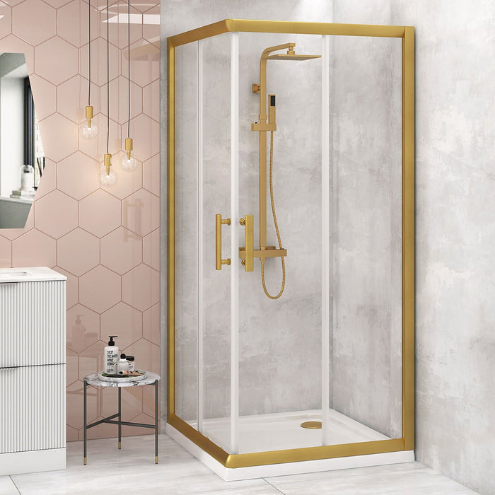 Adjustable 900x900mm Sliding Door Glass Shower Screen in Gold with Shower Handle Style 2 - Gold