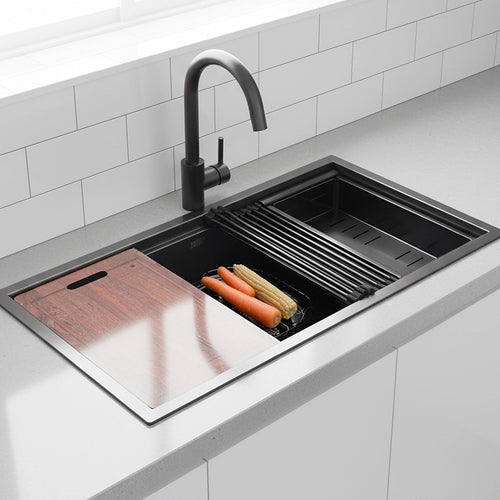 32" Workstation Kitchen Sink – Single Bowl Design with Nano Finish in Black with Brushed Finish