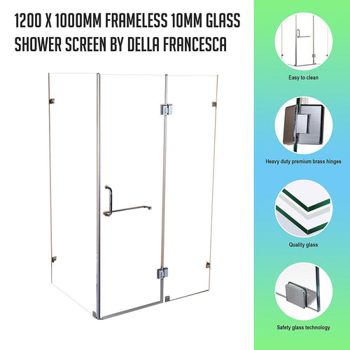 Frameless 10mm Glass Shower Screen 120 x 100cm Nickel Hinges/Brackets and Round Handle