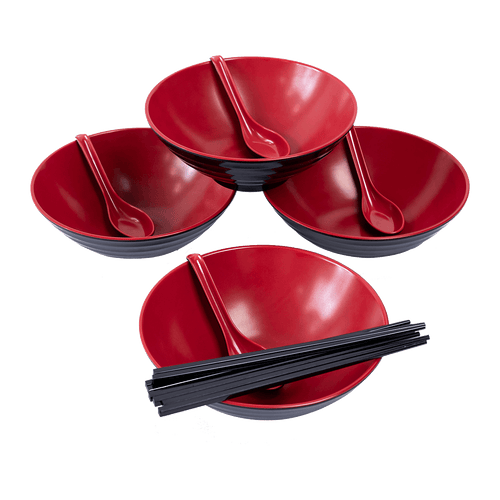 (12 Piece) Ramen Noodle Bowl with Spoon and Chopsticks Black Red