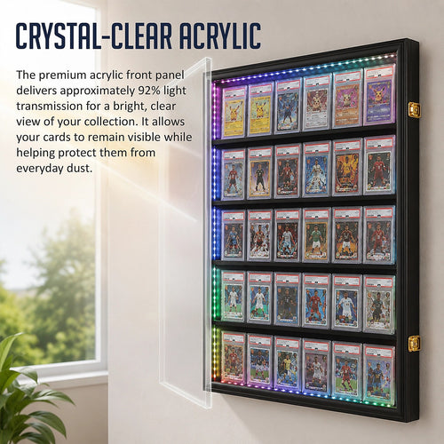 LED Trading Card Display Case for 35 Graded Cards Lockable Wall Frame