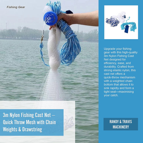 3m Nylon Fishing Cast Net – Quick Throw Mesh with Chain Weights & Drawstring for Easy Casting