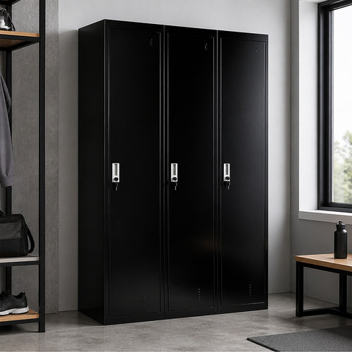 Three-Door Side by Side Storage Locker – Office, Gym & Shed Organisation Unit in Black
